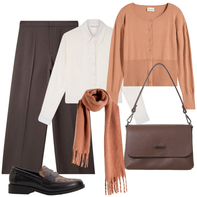 Outfit donna - Freddolosa. Stile Casual chic per Ufficio. Abbinamento con mocassini, sciarpe, cardigans, camicie, pantaloni, borse a tracolla.