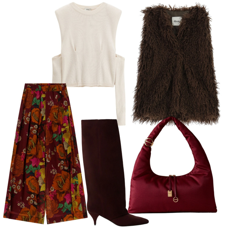 Outfit donna - Total look #2290709. Stile Trendy per Tutti i giorni. Abbinamento con borse a spalla, maglieria, pantaloni a palazzo, gilet, stivali.