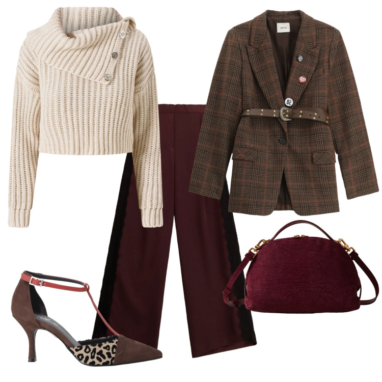 Outfit donna - Total look #2290710. Stile Trendy per Serata fuori. Abbinamento con maglieria, borse a mano, décolleté, pantaloni a palazzo, blazer.