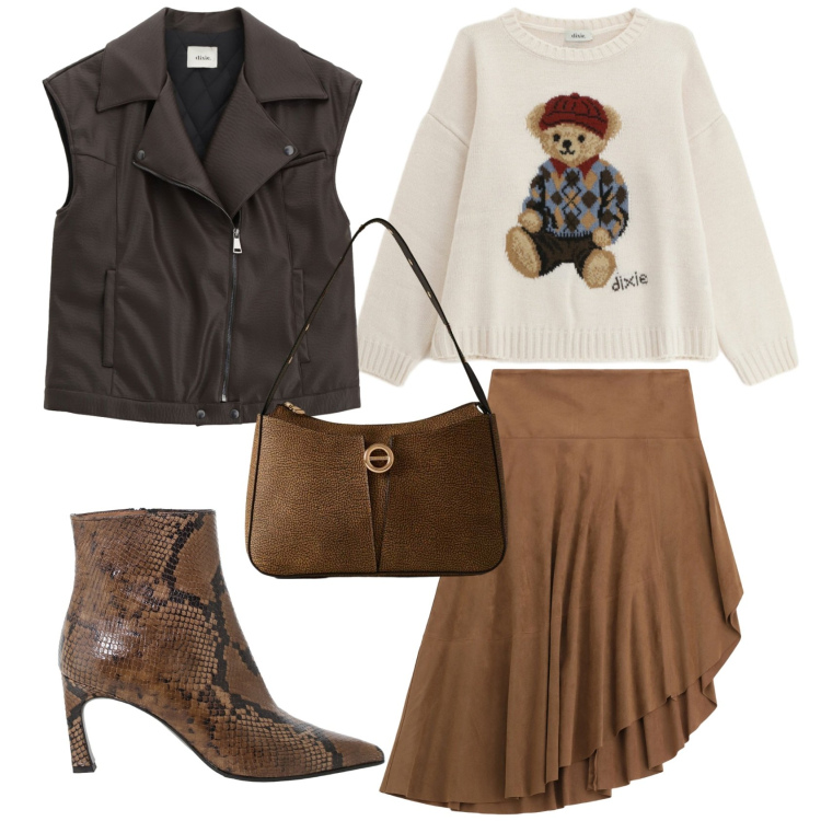 Outfit donna - Total look #2290712. Stile Trendy per Tutti i giorni. Abbinamento con borse a mano, gonne longuette, stivaletti, gilet, maglieria.