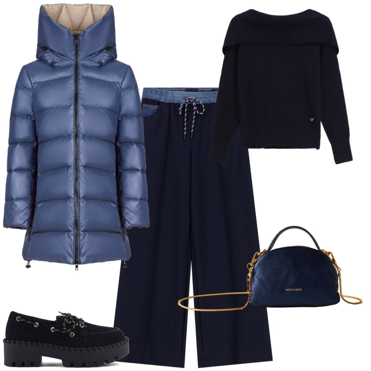 Outfit donna - Casual chic per tutti i giorni. Stile Casual chic per Tutti i giorni. Abbinamento con borse a mano, maglieria, pantaloni a palazzo, cappotti, mocassini.