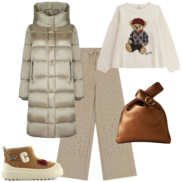 Outfit donna - Trendy per tutti i giorni. Stile Trendy per Tutti i giorni. Abbinamento con pantaloni, borse a mano, maglieria, cappotti, stivali.