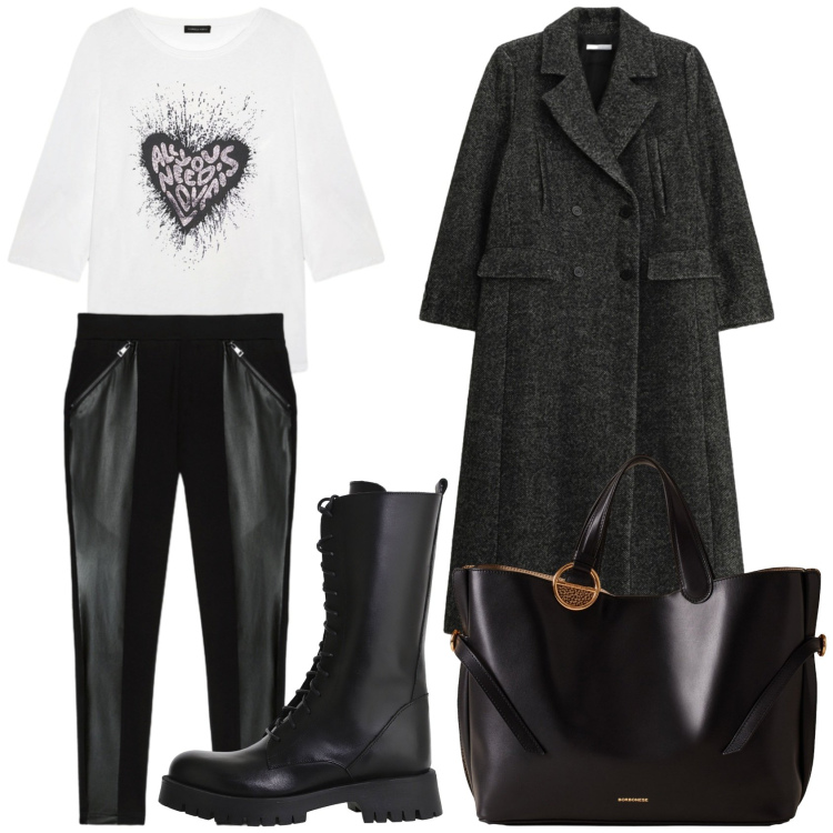 Outfit donna - Total look #2290716. Stile Trendy per Tutti i giorni. Abbinamento con cappotti, shopping bag, stivali, t-shirt, leggings.