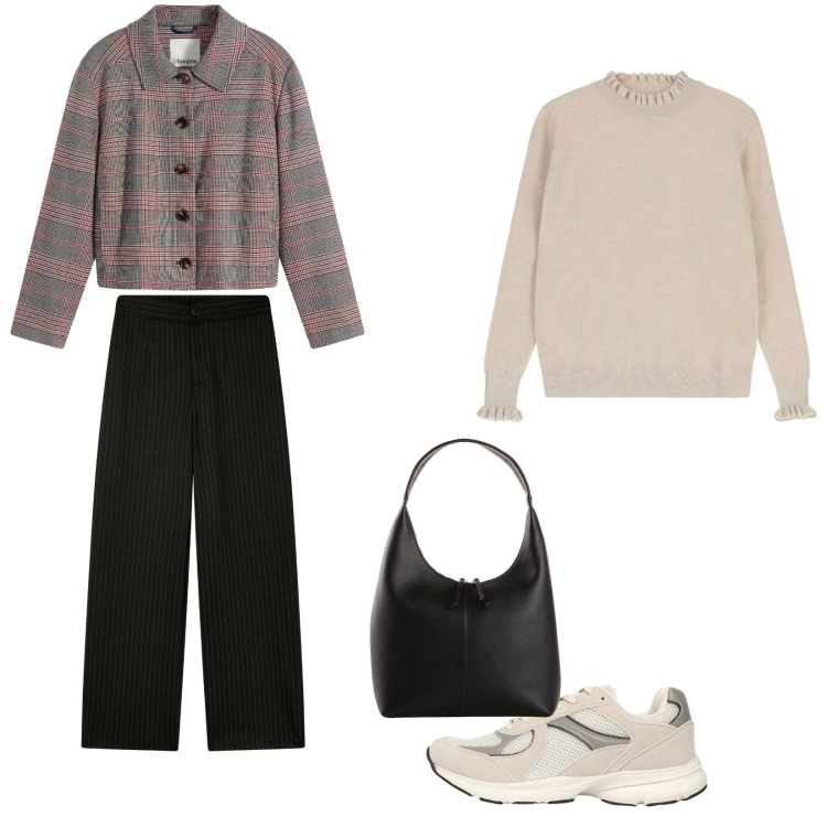 Outfit donna - Casual. Stile Casual per Tutti i giorni. Abbinamento con shopping bag, cappotti, pantaloni, sneakers, maglieria.