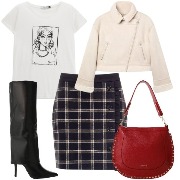 Outfit donna - Glamour per novembre. Stile Glamour per Tutti i giorni. Abbinamento con t-shirt, minigonne, giacche, borse a spalla, stivali.