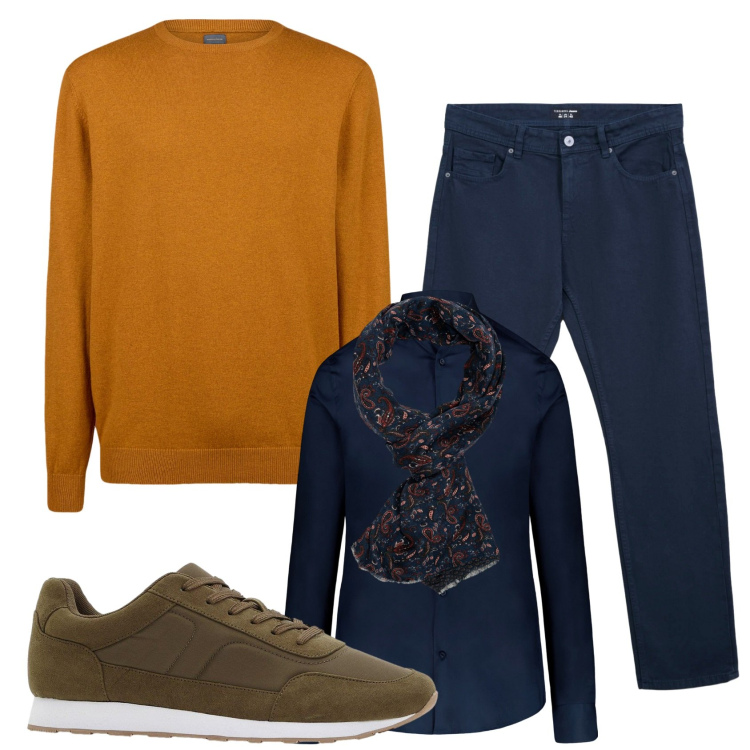 Outfit uomo - Total look #2290722. Stile Casual per Tutti i giorni. Abbinamento con sneakers, jeans dritti, camicie, maglieria, sciarpe.