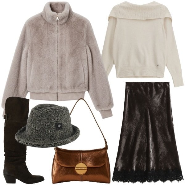 Outfit donna - La mia giacca bomber. Stile Glamour per Tutti i giorni. Abbinamento con bomber, gonne lunghe, maglieria, borse a tracolla, stivali, cappelli.