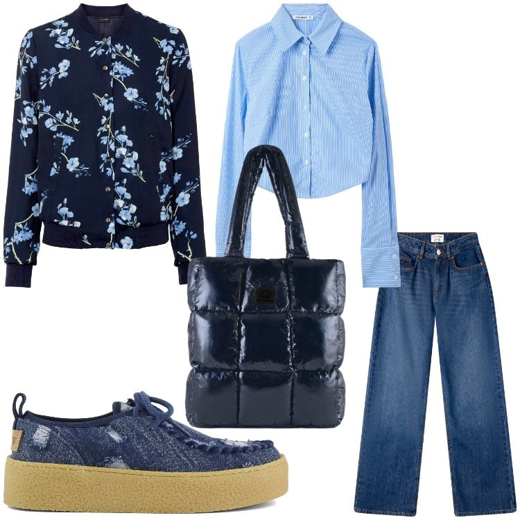 Outfit donna - Fiori. Stile Casual per Tutti i giorni. Abbinamento con bomber, jeans, camicie, shopping bag, mocassini.