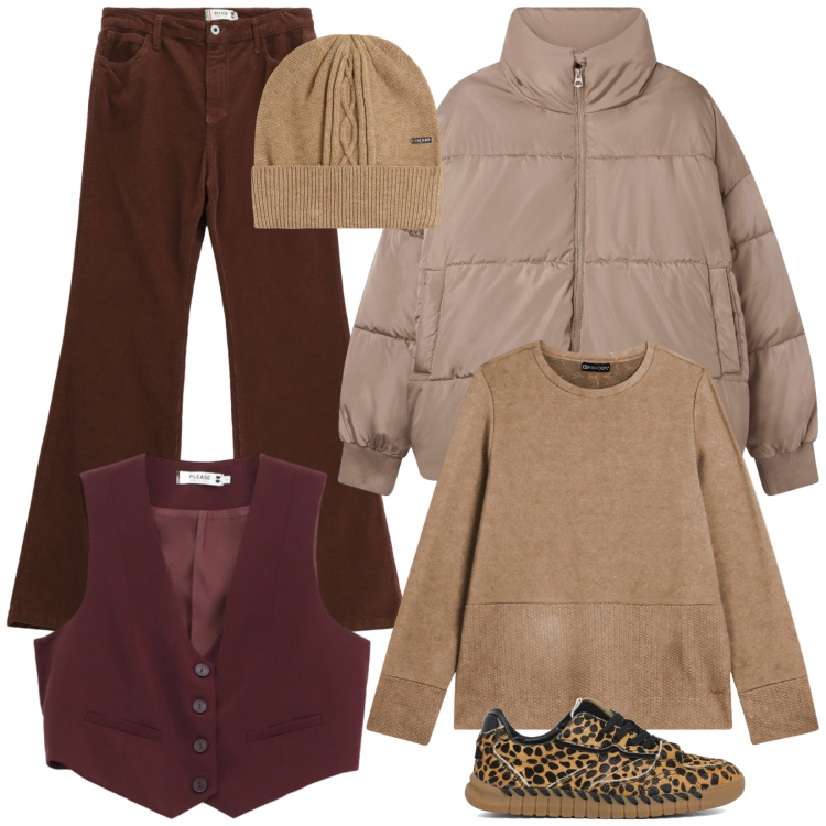 Outfit donna - Da capo a piedi. Stile Casual per Tutti i giorni. Abbinamento con pantaloni, gilet, bomber, felpe, berretti, sneakers.
