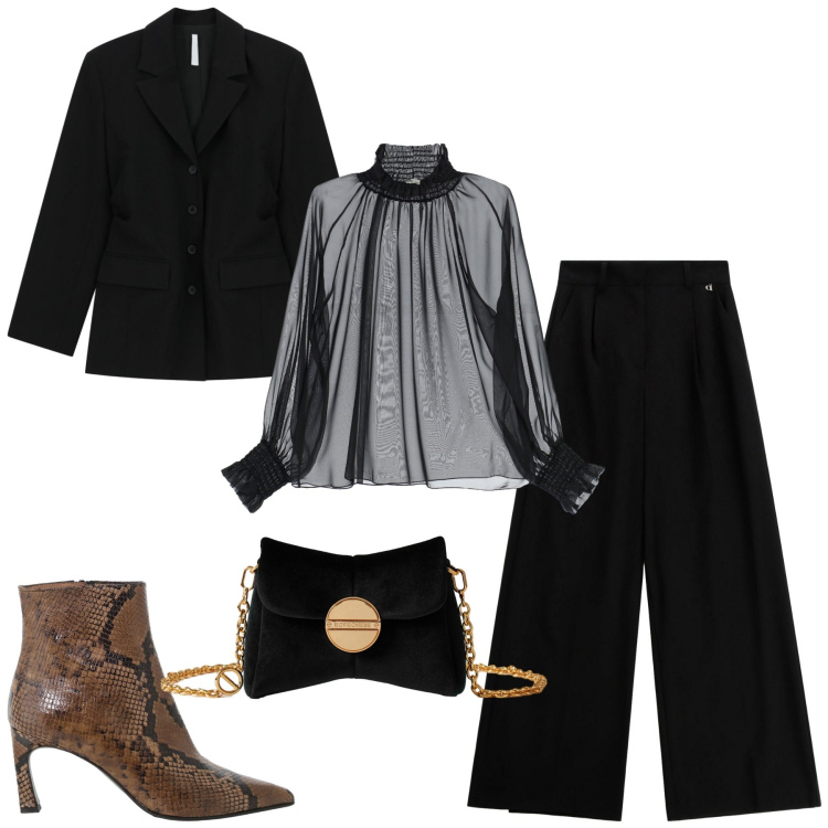 Outfit donna - Serata. Stile Chic per Serata fuori. Abbinamento con blazer, borse a tracolla, camicie, stivaletti, pantaloni a palazzo.