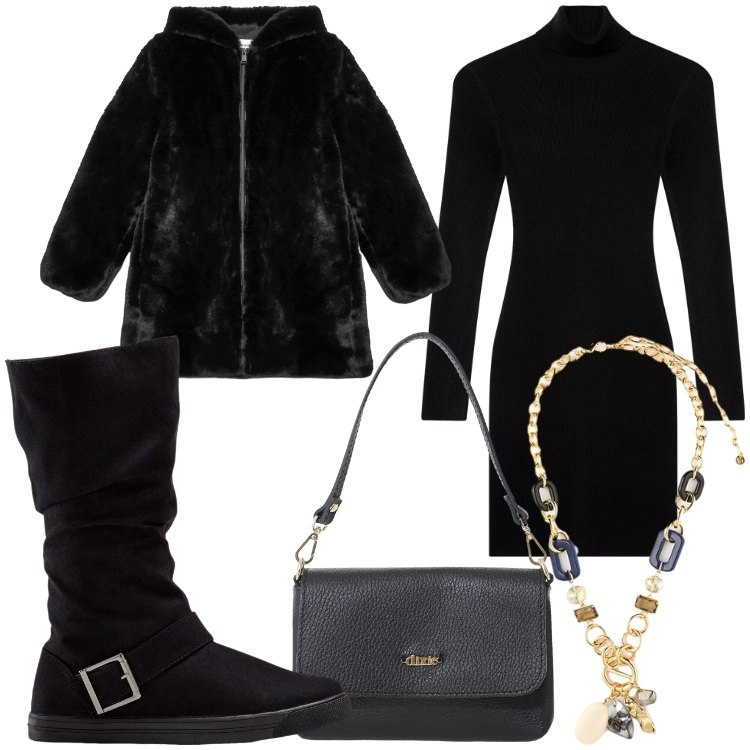 Outfit donna - Black chic. Stile Chic per Serata fuori. Abbinamento con stivali, vestiti corti, cappotti, borse a tracolla, collane.