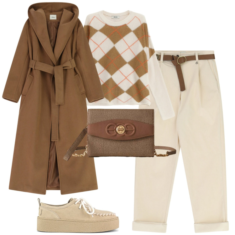 Outfit donna - Novembre. Stile Casual chic per Tutti i giorni. Abbinamento con borse a tracolla, pantaloni, cappotti, maglieria, mocassini.