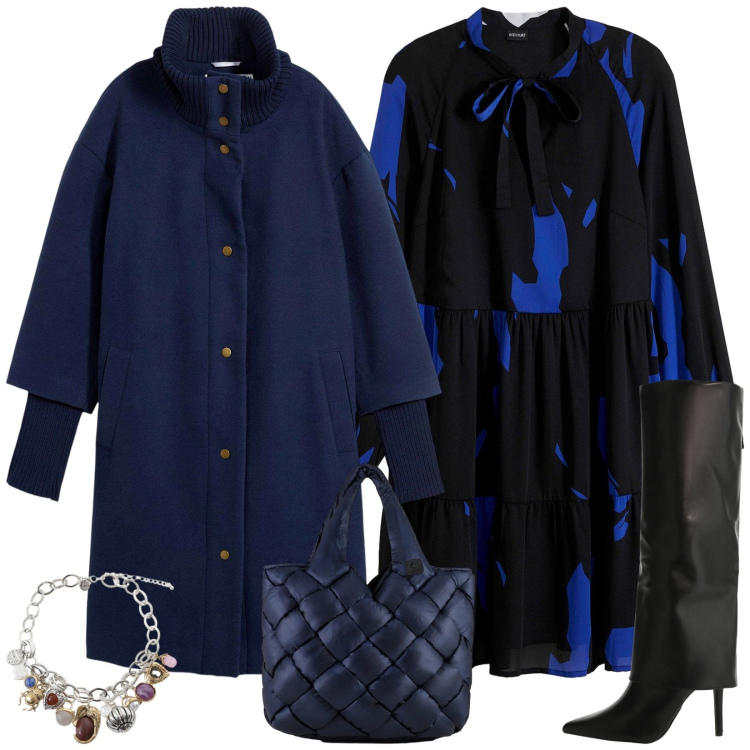 Outfit donna - Dark Blue. Stile Glamour per Serata fuori. Abbinamento con cappotti, vestiti, stivali, braccialetti con ciondoli, borse tote.
