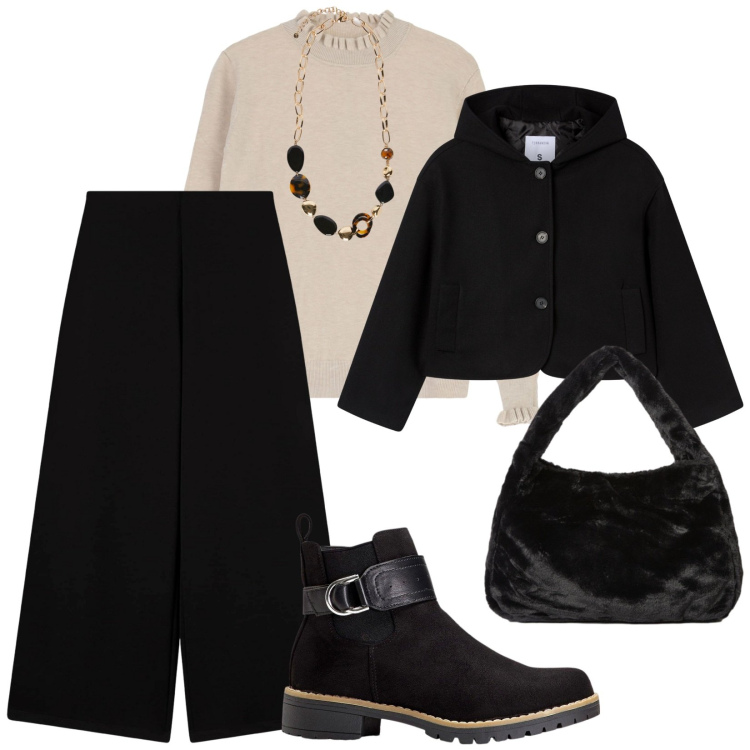 Outfit donna - Semplicità. per Tutti i giorni. Abbinamento con stivaletti chelsea, pantaloni culotte, caban, maglieria, collane, borse a spalla.