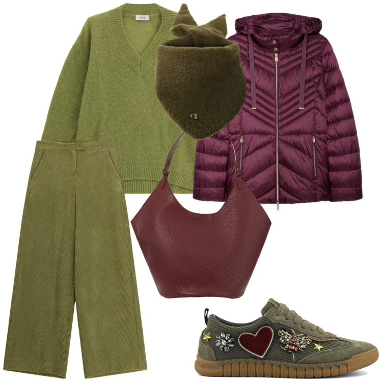 Outfit donna - Con la mia amica. per Tutti i giorni. Abbinamento con pantaloni a palazzo, borse a spalla, foulard, maglieria, piumini, sneakers.