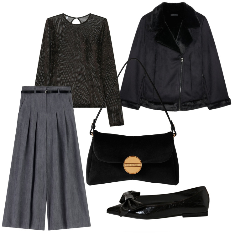 Outfit donna - Giovedì sera. per Serata fuori. Abbinamento con ballerine, pantaloni a palazzo, t-shirt, borse a tracolla, giacche.