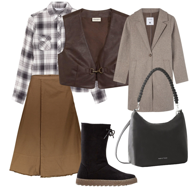 Outfit donna - Si va in campagna. per Tutti i giorni. Abbinamento con stivali, gilet, borse a mano, cappotti, camicie, gonne lunghe.