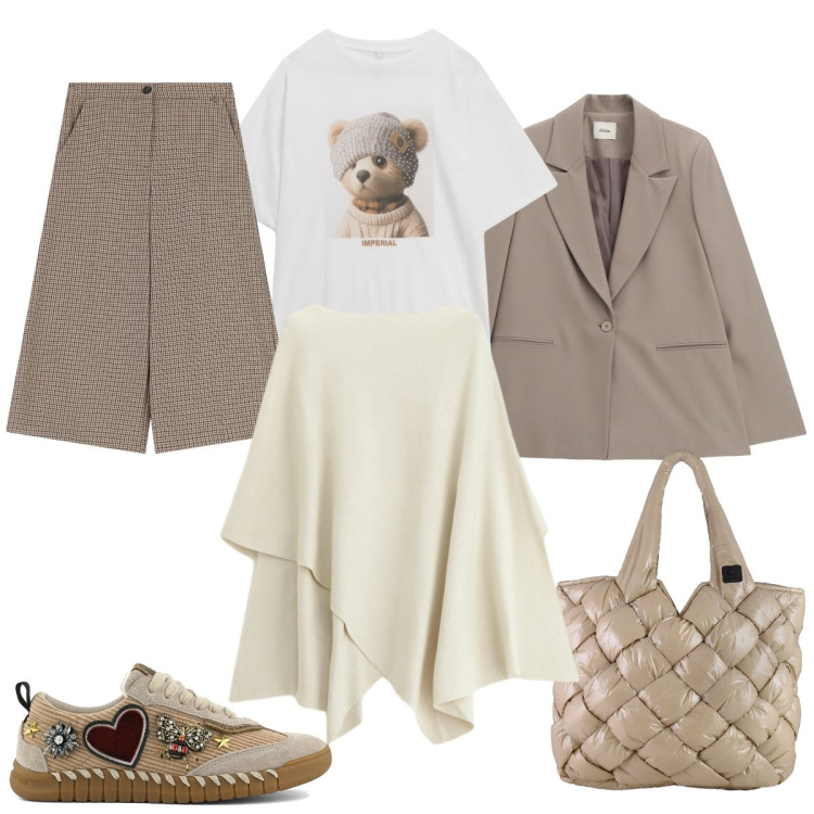 Outfit donna - La mantella calda ed elegante. Stile Chic per Tutti i giorni. Abbinamento con maglieria, t-shirt, pantaloni a palazzo, blazer, borse tote, sneakers.