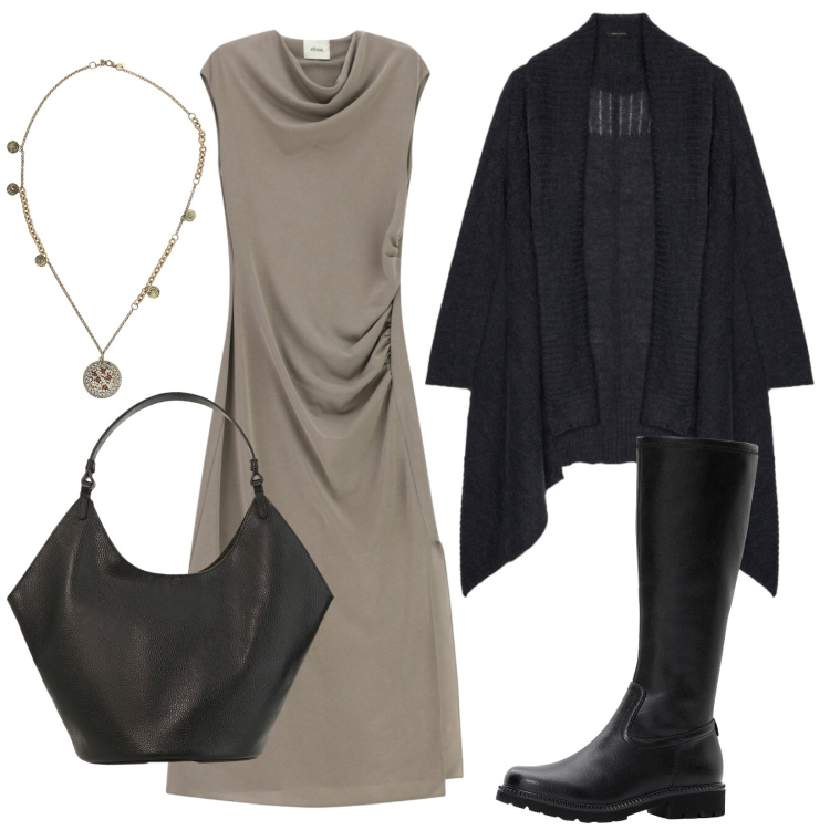 Outfit donna - Il cardigan al posto del blazer. Stile Minimal per Ufficio. Abbinamento con stivali, vestiti asimmetrici, ciondoli, borse a spalla, cardigans.