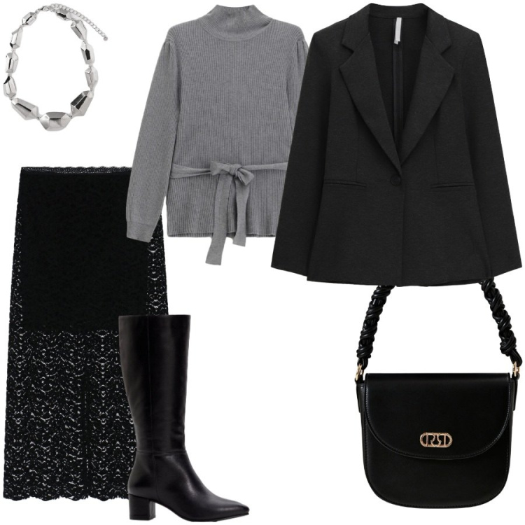 Outfit donna - Total look #2290763. Stile Chic per Ufficio. Abbinamento con stivali, borse a mano, blazer, maglieria, gonne longuette, ciondoli.