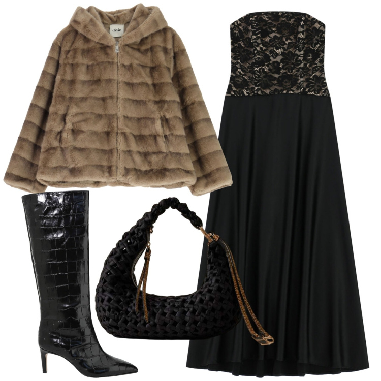 Outfit donna - Serata elegante. Stile Glamour per Serata fuori. Abbinamento con vestiti lunghi, borse a mano, stivali, blazer.