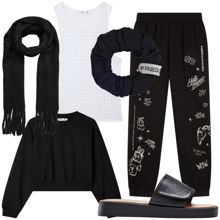 Outfit donna - A casa stasera con amici cari. Stile Basic per Tutti i giorni. Abbinamento con ciabatte, pantaloni, top, sciarpe, felpe, accessori per capelli.