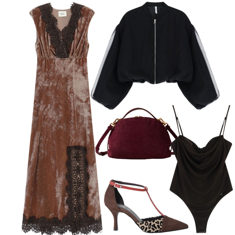 Outfit donna - Un abito proprio di mio gusto. Stile Glamour per Serata fuori. Abbinamento con body, bomber, décolleté, vestiti lunghi, borse a mano.