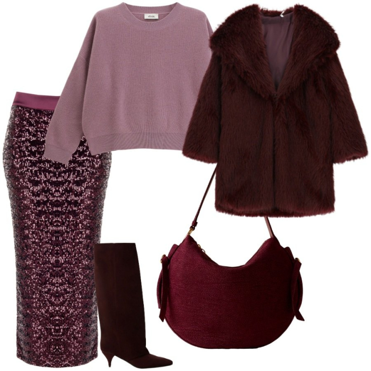 Outfit donna - Brilliamo. Stile Glamour per Serata fuori. Abbinamento con gonne longuette, ecopellicce, borse a spalla, stivali, maglieria.