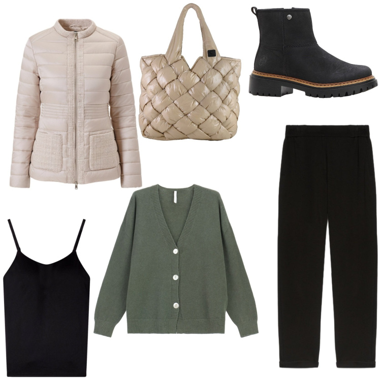 Outfit donna - Il cardigan verde oliva. Stile Casual chic per Tutti i giorni. Abbinamento con stivaletti, piumini, magliette intime, cardigans, borse tote, pantaloni.