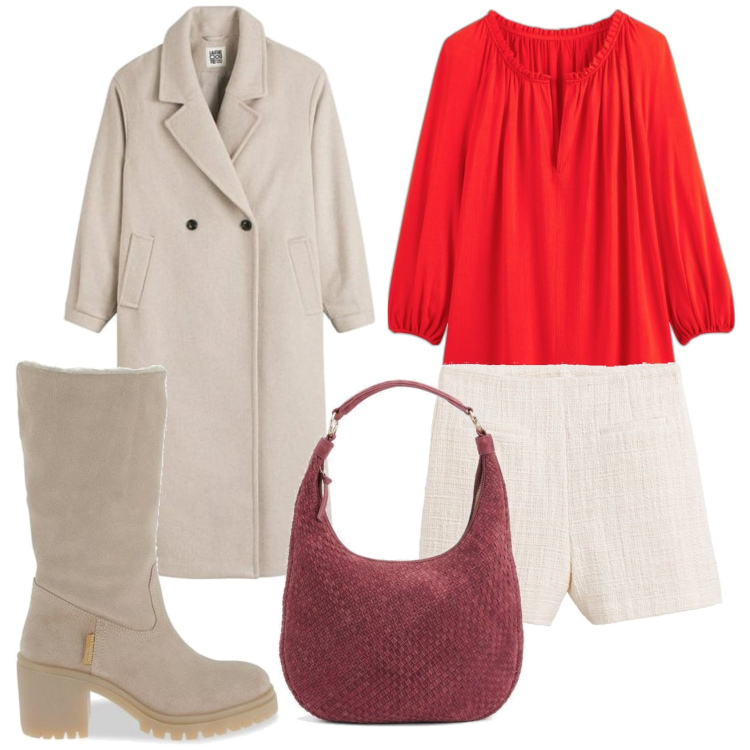 Outfit mujer - Trendy look. Estilo Trendy para Todos los días. Combinación con botas, abrigos, blusas, bolso tote, shorts.