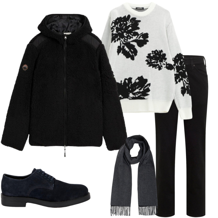 Outfit uomo - Black and White. Stile Trendy per Serata speciale. Abbinamento con jeans dritti, giacche, pullovers, scarpe stringate, sciarpe.