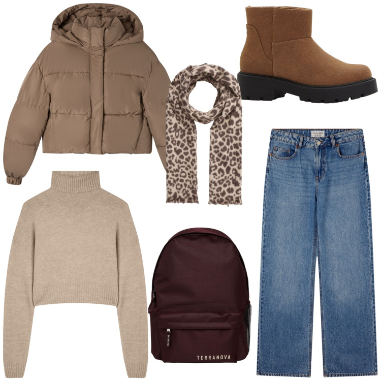 Outfit donna - Weekend in montagna. Stile Casual per Tutti i giorni. Abbinamento con stivaletti, jeans, maglieria, bomber, sciarpe, zaini.