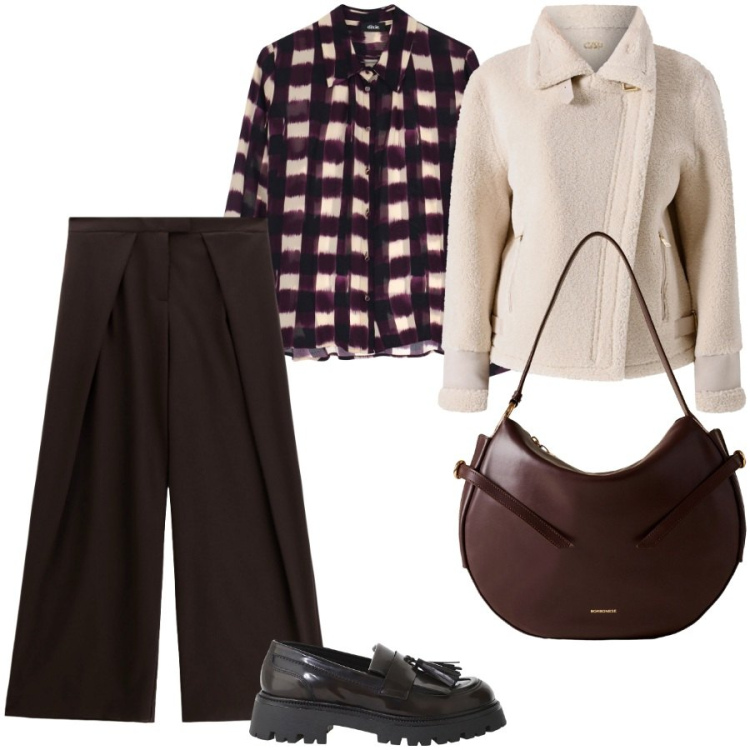 Outfit donna - Commissioni prima delle fedte. Stile Casual chic per Tutti i giorni. Abbinamento con ecopellicce, borse a spalla, camicie, mocassini, pantaloni a palazzo.