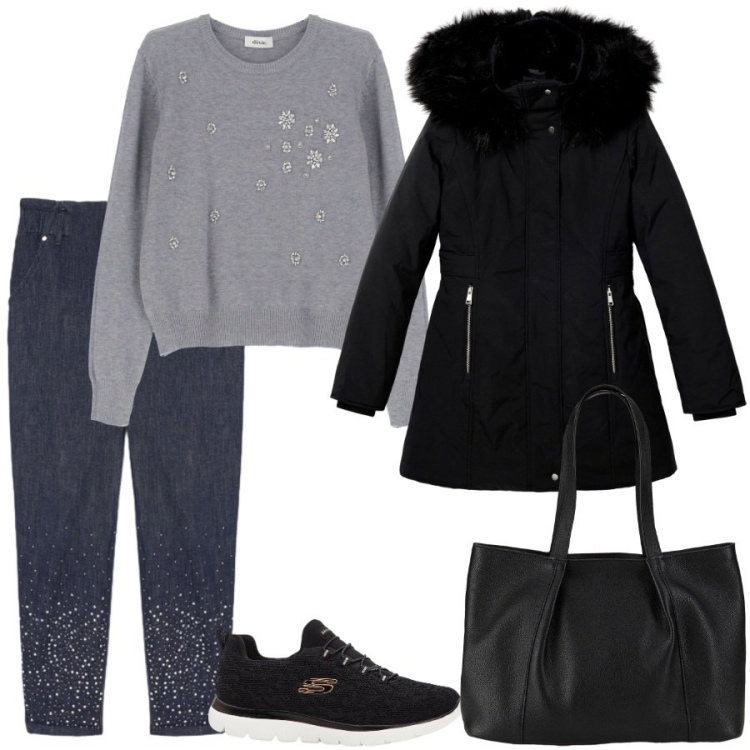 Outfit donna - Total look #2290792. Stile Casual chic per Ufficio. Abbinamento con sneakers, shopping bag, parka, maglieria, jeans.