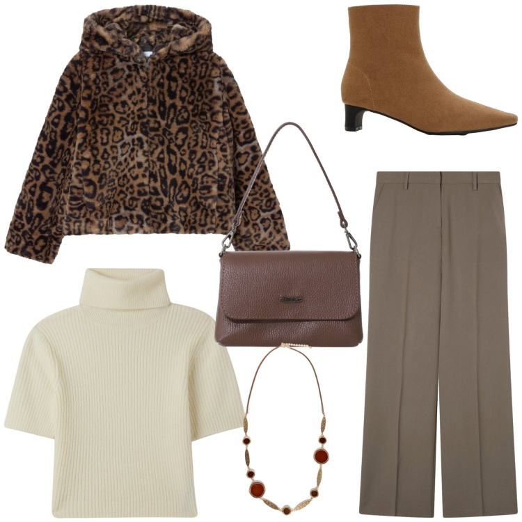 Outfit donna - La pelliccia ecologica calda e trendy. Stile Trendy per Tutti i giorni. Abbinamento con stivaletti, pantaloni a palazzo, ecopellicce, maglieria, borse a tracolla, collane.