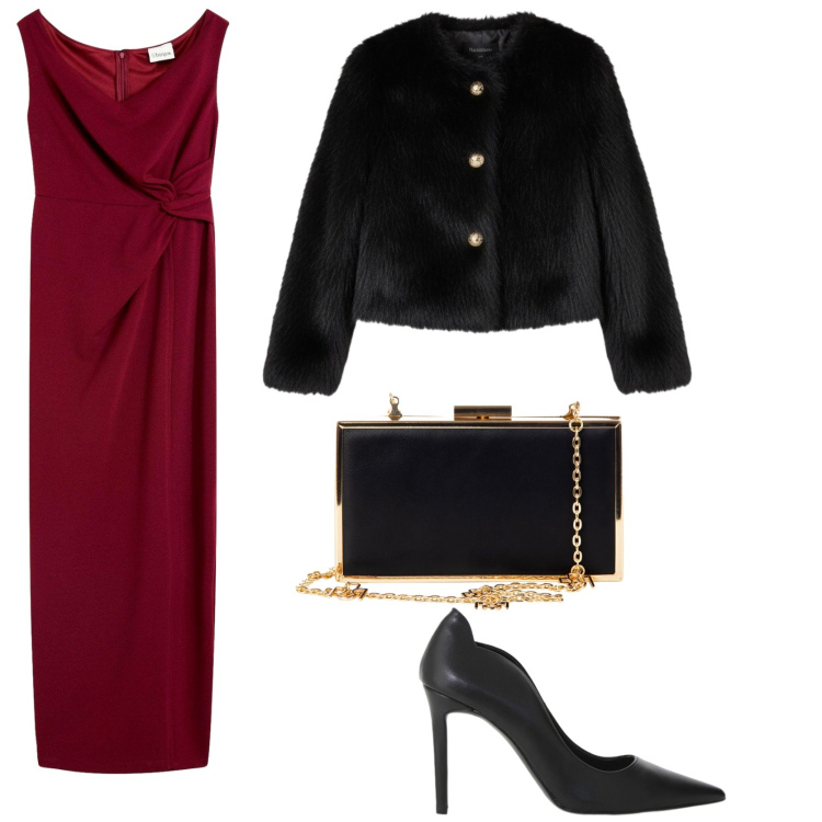 Outfit donna - L\' abito rosso super chic per le feste. Stile Chic per Serata fuori. Abbinamento con vestiti, pochette, ecopellicce, décolleté.
