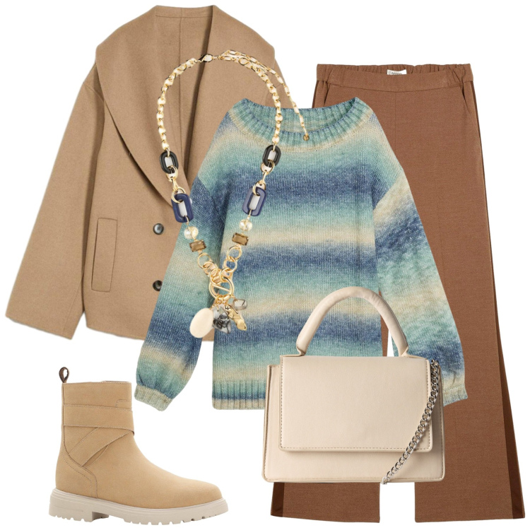 Outfit donna - Capi caldi per l\'inverno. Stile Boho per Tutti i giorni. Abbinamento con maglieria, pantaloni, blazer, stivaletti, borse a tracolla, collane.