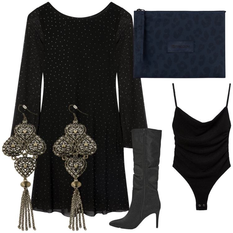 Outfit donna - Il fascino dei colori scuri. Stile Chic per Serata fuori. Abbinamento con stivali, body, vestiti corti, clutch, orecchini.