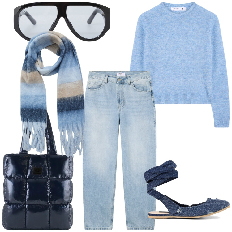 Outfit donna - Bon ton in casual look. Stile Casual chic per Tutti i giorni. Abbinamento con maglieria, sciarpe, jeans dritti, occhiali da sole, shopping bag, ballerine.