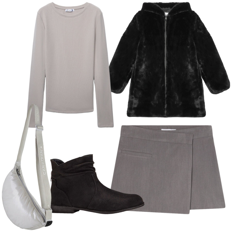 Outfit donna - Affrontiamo il freddo in minigonna. Stile Preppy per Tutti i giorni. Abbinamento con stivaletti, cappotti, gonne, t-shirt, borse a tracolla.