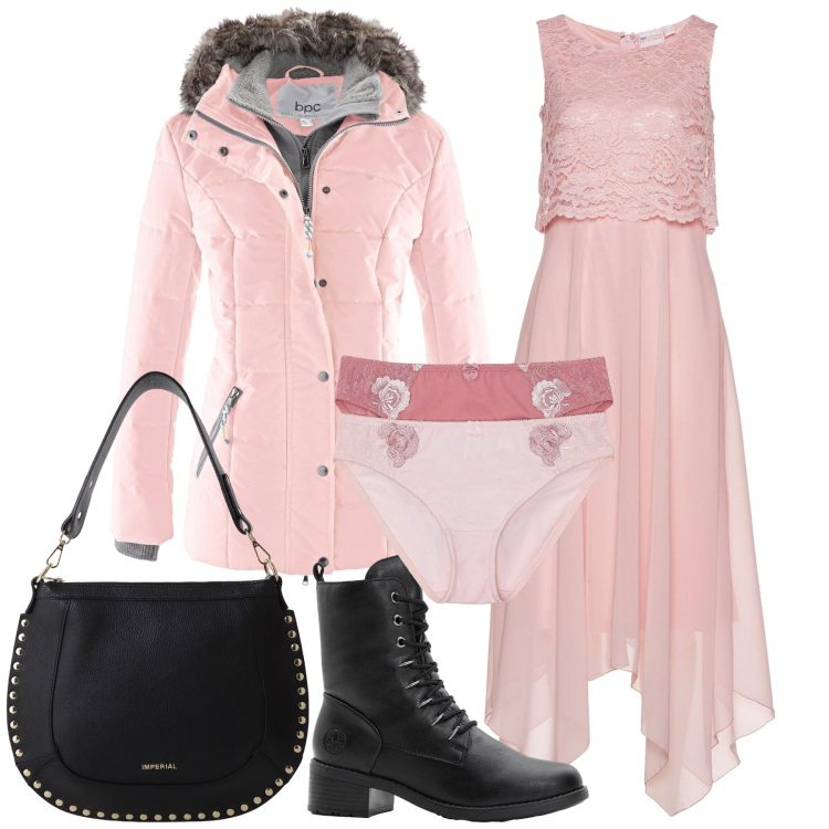 Outfit donna - Pink evening. Stile Trendy per Serata fuori. Abbinamento con piumini, culotte, vestiti midi/longuette, stivaletti, borse a spalla.