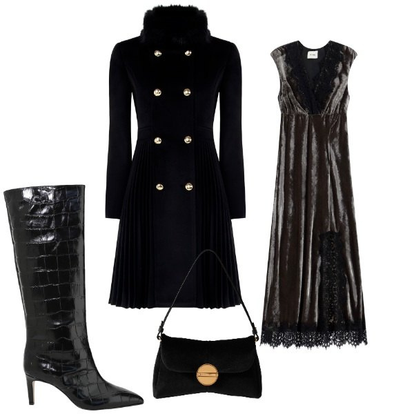 Outfit donna - Total look #2290814. Stile Glamour per Serata fuori. Abbinamento con cappotti, borse a tracolla, vestiti lunghi, stivali.