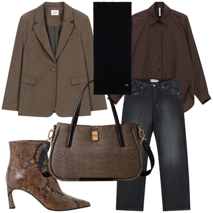 Outfit donna - La sciarpa indispensabile. Stile Urban per Ufficio. Abbinamento con jeans dritti, camicie, shopping bag, sciarpe, stivaletti, blazer.