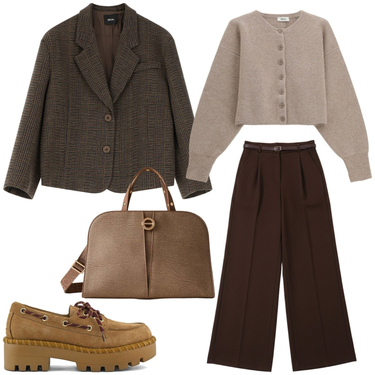 Outfit donna - Il tailleur maschile. Stile Casual chic per Tutti i giorni. Abbinamento con pantaloni a palazzo, borse a mano, blazer, cardigans, mocassini.