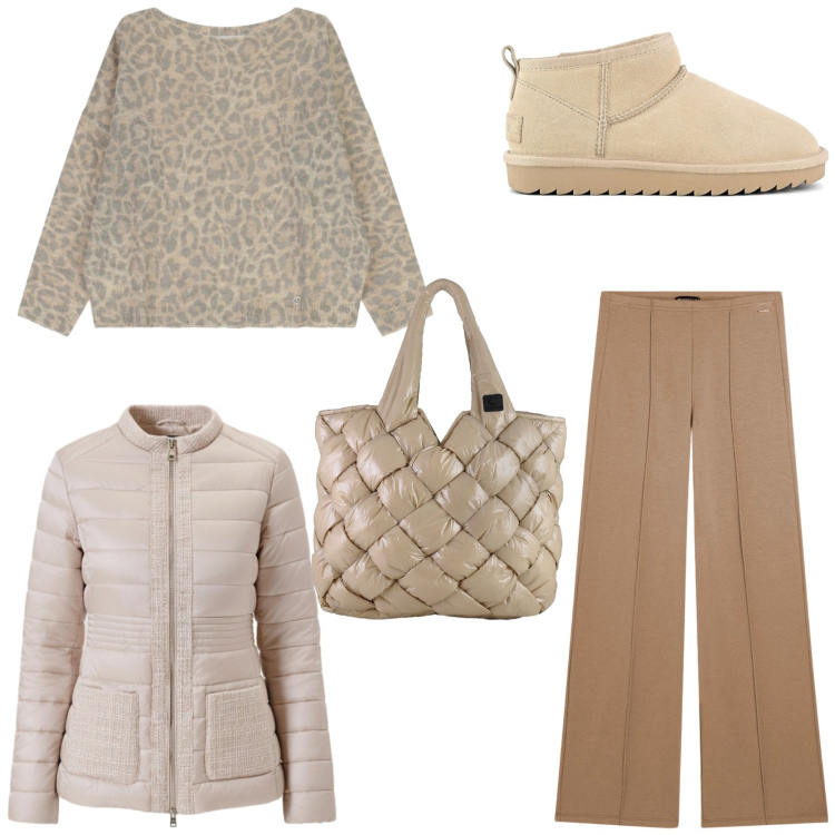 Outfit donna - Colori neutri per il trend wild. Stile Trendy per Tutti i giorni. Abbinamento con maglieria, piumini, pantaloni, borse tote, stivali.