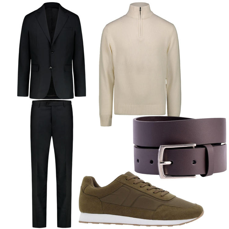Outfit uomo - Smart casual. Stile Business/Elegante per Ufficio. Abbinamento con sneakers, maglieria, cinture, abiti.