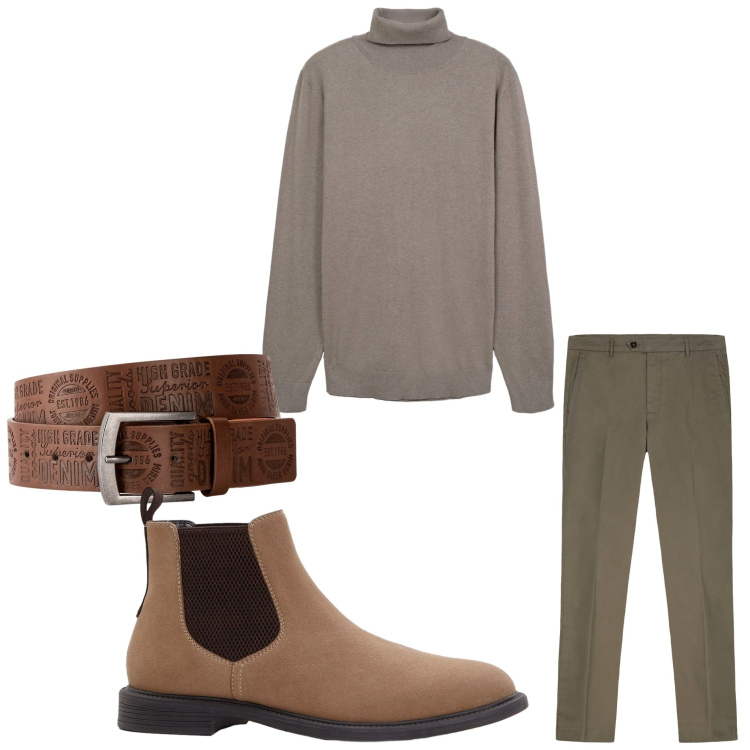 Outfit uomo - Dettagli. Stile Casual per Tutti i giorni. Abbinamento con cinture, stivali e stivaletti, maglieria, pantaloni chino.