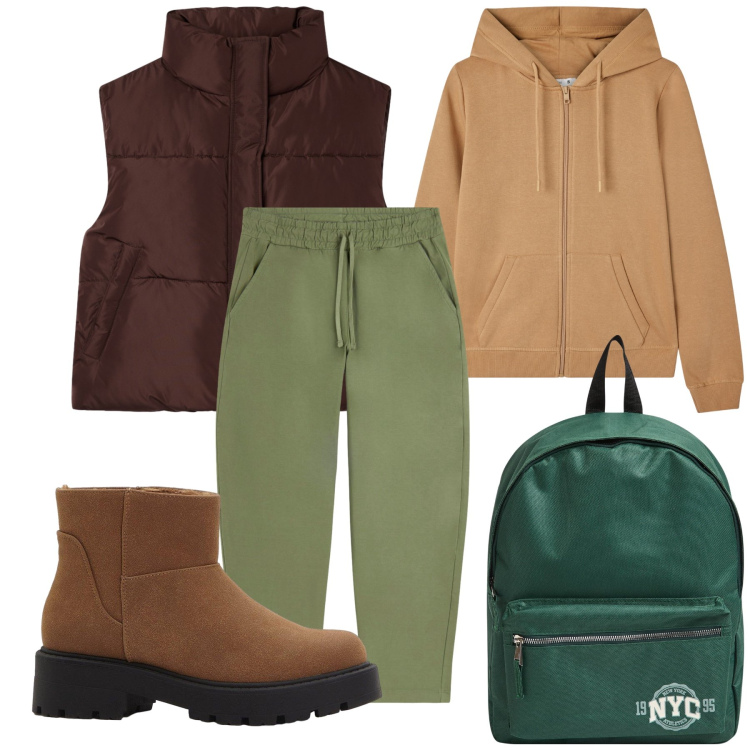 Outfit donna - Molto sportiva. Stile Casual per Tutti i giorni. Abbinamento con stivaletti, felpe con cappuccio, piumini, zaini, pantaloni.