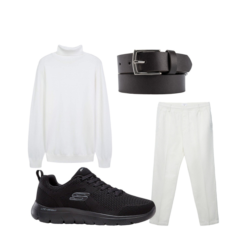 Outfit uomo - Bianco casual. Stile Casual per Tutti i giorni. Abbinamento con sneakers, pantaloni, maglieria, cinture.