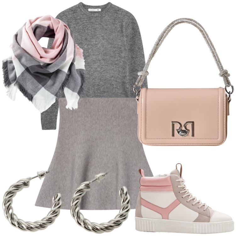 Outfit donna - La scarpa originale. Stile Casual chic per Tutti i giorni. Abbinamento con foulard, sneakers alte, borse a mano, maglieria, minigonne, orecchini.